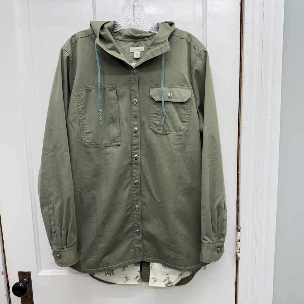 L.L. Bean Utility Hooded Shirt Jacket Women XL Green Canvas Field Coat Lined